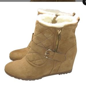 Never worn! Tan suede wedge booties.